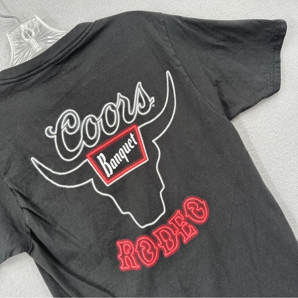 Tee Luv Coors Banquet Rodeo T Shirt Adult Small Black Cotton Beer Bull Neon